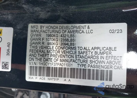 2023 Honda Accord Ex from USA, damaged, VIN 1HGCY1F37PA011001